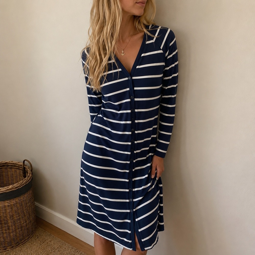 Blue Striped Button Front Cardigan Sweater Dress Small Nautical Preppy‎ Coastal